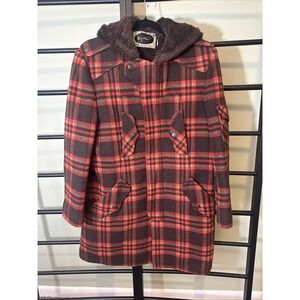 VTG 70's Big Chief Flannel Jacket Coat Wool Ranch Barn Berber Lined Hood Men's L